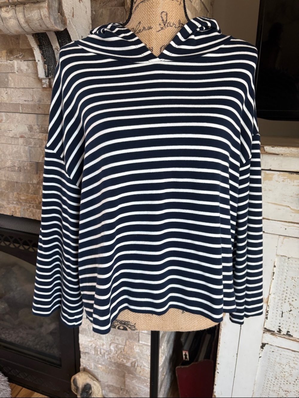 Evereve Mia blue and white stripe hoodie 3/4 sleeve slight crop drop shoulder - Picture 8 of 16